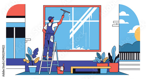 Flat style vector illustration of window cleaner using squeegee on glass building exterior, urban maintenance and cleaning service concept in clean modern style