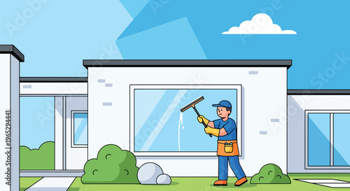 Flat style vector illustration of window cleaner using squeegee on glass building exterior, urban maintenance and cleaning service concept in clean modern style