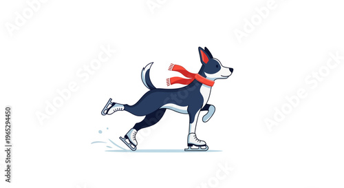 Cute cartoon dog wearing a red scarf ice skating.