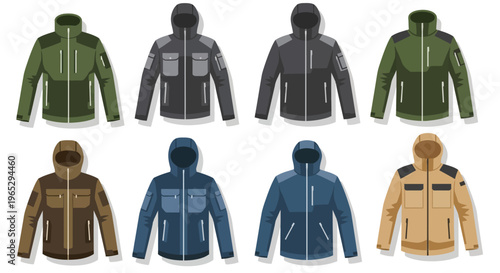 Variety of colored outdoor jackets displayed.