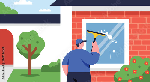 Flat style vector illustration of window cleaner using squeegee on glass building exterior, urban maintenance and cleaning service concept in clean modern style