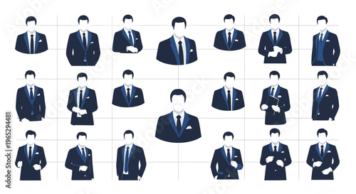 Collection of businessmen in suits standing.