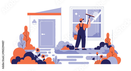 Flat style vector illustration of window cleaner using squeegee on glass building exterior, urban maintenance and cleaning service concept in clean modern style