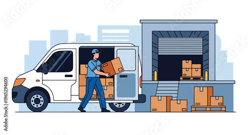 Flat style vector illustration of warehouse worker move package to delivery van, order preparation and logistics fulfillment concept in clean modern style