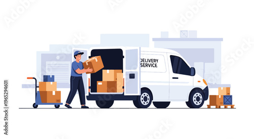 Flat style vector illustration of warehouse worker move package to delivery van, order preparation and logistics fulfillment concept in clean modern style