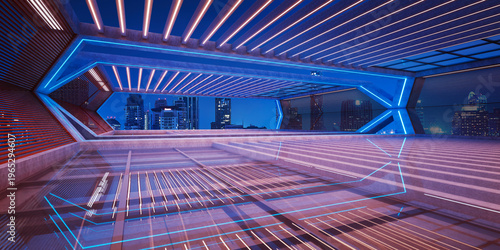 3d futuristic neon city view from modern interior architecture