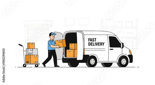 Flat style vector illustration of warehouse worker move package to delivery van, order preparation and logistics fulfillment concept in clean modern style