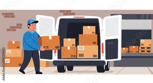 Flat style vector illustration of warehouse worker move package to delivery van, order preparation and logistics fulfillment concept in clean modern style
