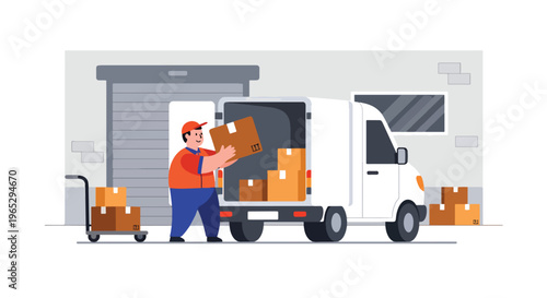 Flat style vector illustration of warehouse worker move package to delivery van, order preparation and logistics fulfillment concept in clean modern style