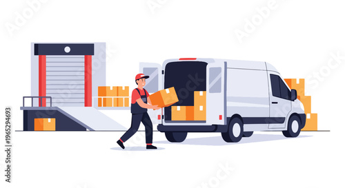 Flat style vector illustration of warehouse worker move package to delivery van, order preparation and logistics fulfillment concept in clean modern style