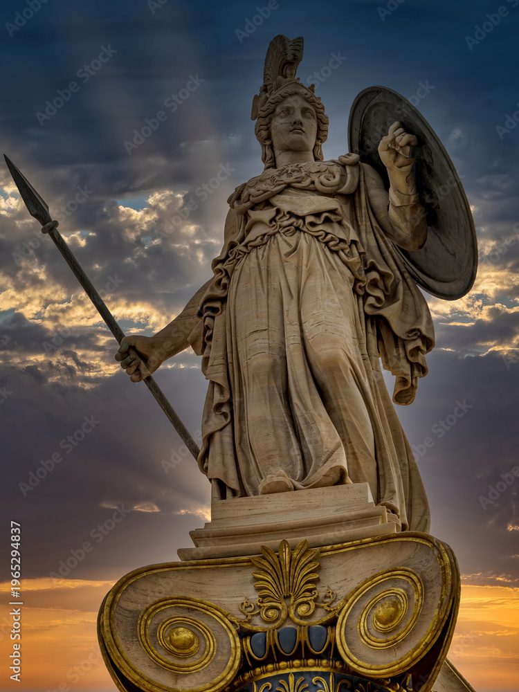 Fototapeta premium Ancient Athena statue towers over Athens in warm evening light, a timeless symbol of strength, intelligence, and classical civilization.