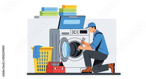 Flat style vector illustration of technician repairing washing machine in laundry room, home appliance service and maintenance concept in clean modern vector style