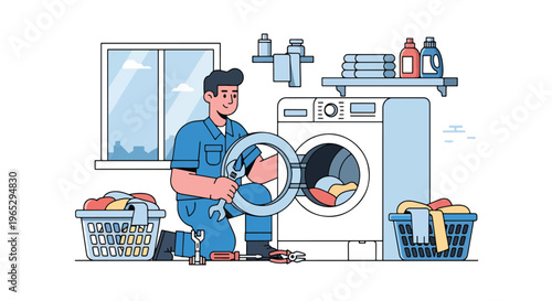 Flat style vector illustration of technician repairing washing machine in laundry room, home appliance service and maintenance concept in clean modern vector style