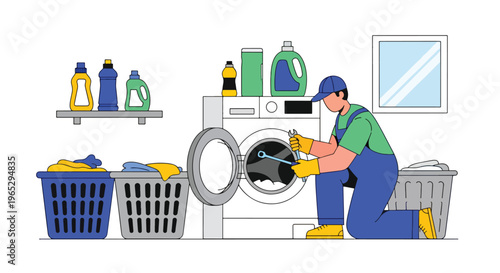 Flat style vector illustration of technician repairing washing machine in laundry room, home appliance service and maintenance concept in clean modern vector style