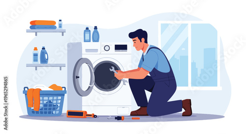 Flat style vector illustration of technician repairing washing machine in laundry room, home appliance service and maintenance concept in clean modern vector style
