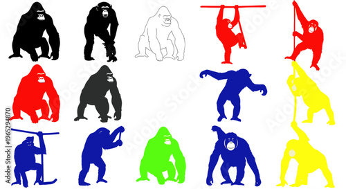 Colorful Gorilla Silhouettes Collection: Various Poses and Colors