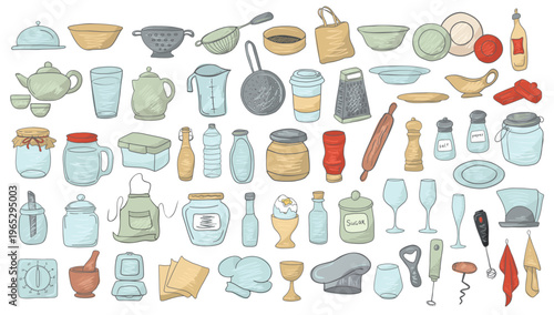 kitchenware cooking tools for culinary and Kitchen essentials stuff cookware utensil hand drawn illustration Culinary equipment Food preparation instruments. Chef gadgets Vintage