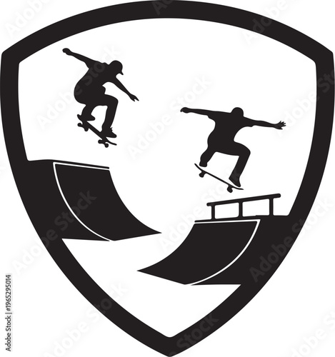 Skateboard, skateboarder, shield, logo, black silhouette, vector graphic