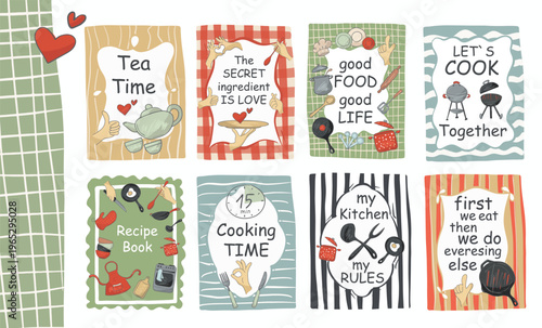 Hand drawn cards set cooking cards with Cooking TIME, good FOOD good LIFE, hand gestures, kitchen tools and decorative frames background, Seamless pattern, texture for food content.