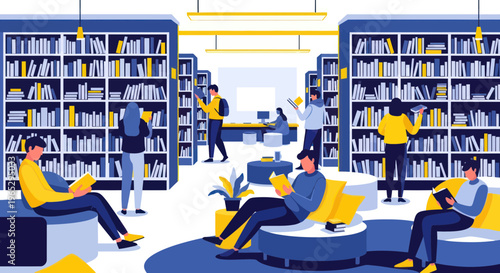 People reading books in a modern library with tall bookshelves and comfortable seating.