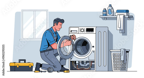 Flat style vector illustration of technician repairing washing machine in laundry room, home appliance service and maintenance concept in clean modern vector style