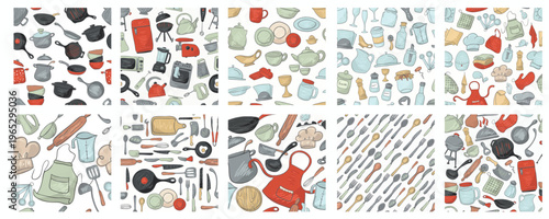 Seamless patterns kitchen stuff set cooking essentials featuring vintage appliances and utensils for food branding packaging design projects.