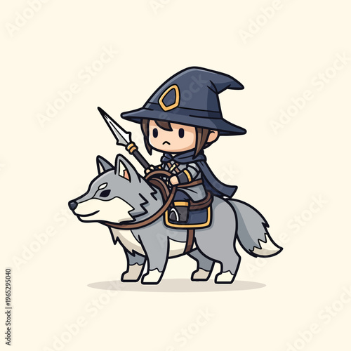A character wearing a witch's hat with a spear, rides a wolf. Illustration has a simplified style, with muted colors and thick outlines