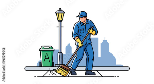 Flat style vector illustration of street cleaner sweeping sidewalk in urban city environment, public maintenance and sanitation service concept in clean minimal style