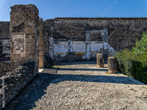 Canvas Print Detailed Pompeii home entrance showing volcanic stone textures, remnant wall paintings, pedestal drums and shrubs in a sunlit passage evoking daily Roman life