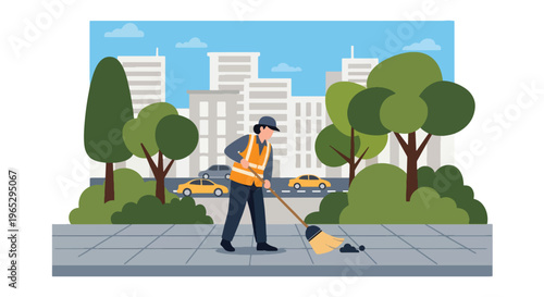 Flat style vector illustration of street cleaner sweeping sidewalk in urban city environment, public maintenance and sanitation service concept in clean minimal style