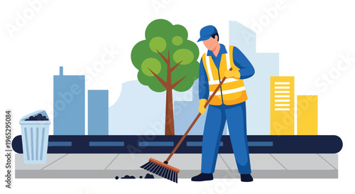 Flat style vector illustration of street cleaner sweeping sidewalk in urban city environment, public maintenance and sanitation service concept in clean minimal style