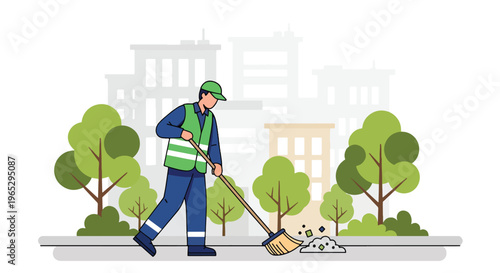 Flat style vector illustration of street cleaner sweeping sidewalk in urban city environment, public maintenance and sanitation service concept in clean minimal style