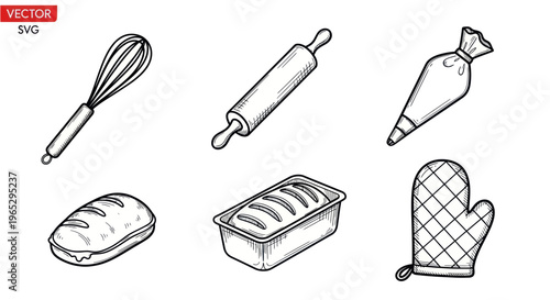Baking Tools and Bread: Whisk, Rolling Pin, Piping Bag, Loaf, and Oven Mitt