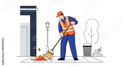 Flat style vector illustration of street cleaner sweeping sidewalk in urban city environment, public maintenance and sanitation service concept in clean minimal style