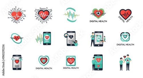 Digital Health Heart Icons Set Technology Medical Concepts.