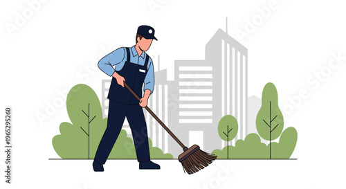 Flat style vector illustration of street cleaner sweeping sidewalk in urban city environment, public maintenance and sanitation service concept in clean minimal style