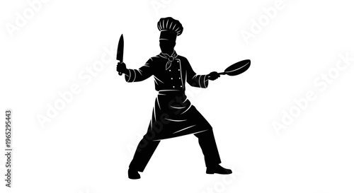 Chef with knife and frying pan.