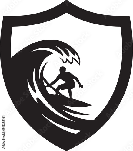 Surfing shield icon, wave rider logo, black silhouette vector, sports emblem