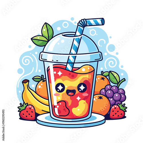 A colorful cartoon illustration of a fruit smoothie with a cute face, surrounded by fresh fruits like bananas, strawberries, oranges, and grapes. Bubbles and swirls add to the scene