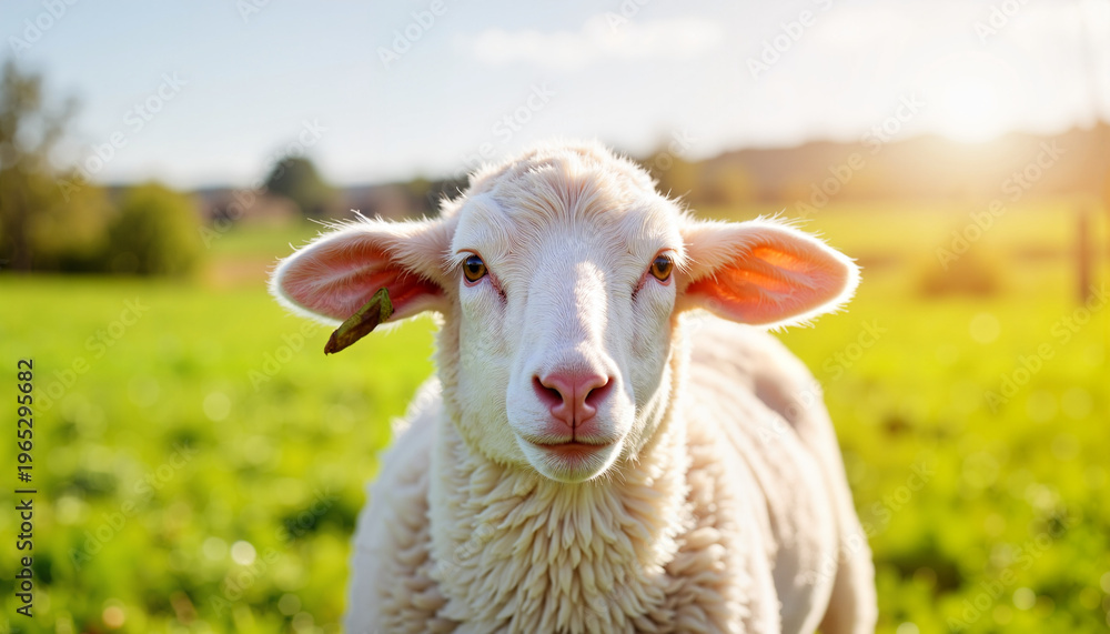 Obraz premium Curious sheep grazing on green fields under sunny skies, rural life