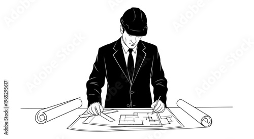 Businessman in suit working on blueprint.