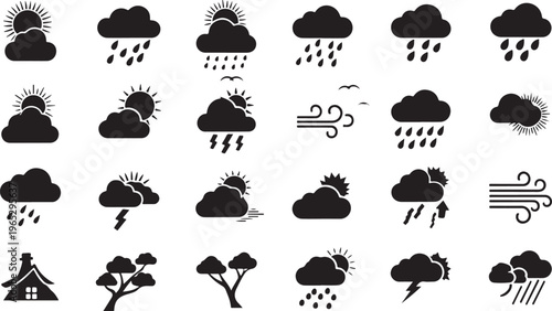 Weather icons, black silhouette symbols, rain cloud graphics, forecast signs isolated on Transparent Background