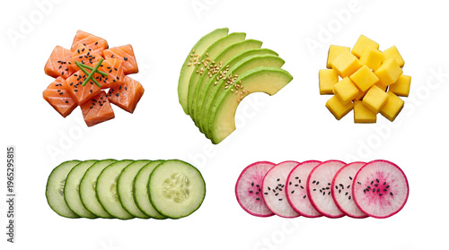 Colorful fresh poke bowl ingredients including salmon, avocado, mango, cucumber, and radish slices.