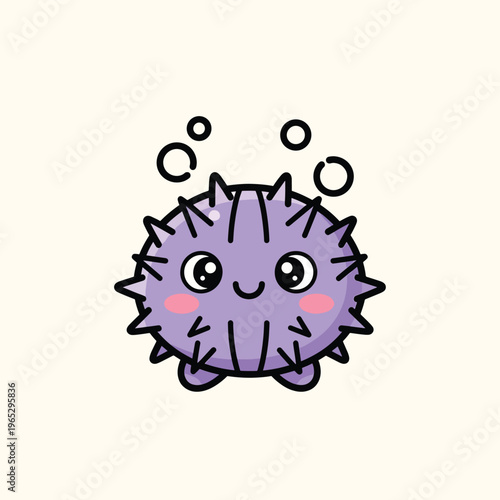 A cute cartoon character resembling a sea urchin floats with bubbles. It has a purple body with sharp spikes, big eyes, and rosy cheeks