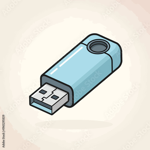 A cartoon-style illustration of a USB flash drive. The device is a light blue color with a gray USB connector. The background is cream-colored