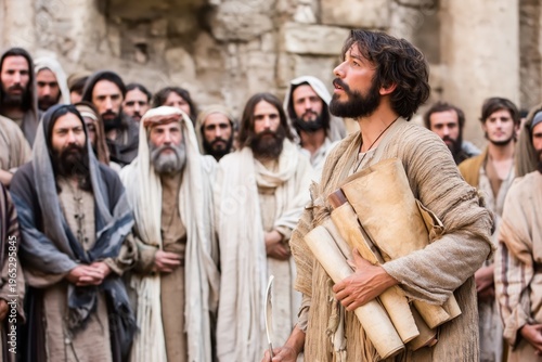 Man preaching to a crowd with scrolls in hand