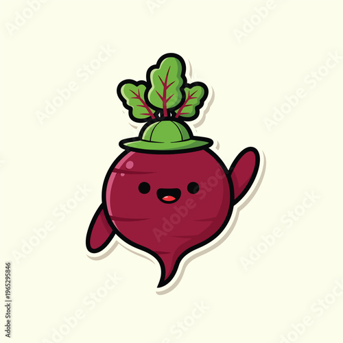 A charming cartoon beetroot character with a smiley face and waving arm is wearing a green hat with leafy green hair. It's a whimsical design