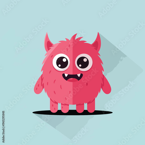 A cartoon-style monster, pink with round body, small arms, and curved horns. Big eyes and small fangs show through the mouth. The background is a pale blue