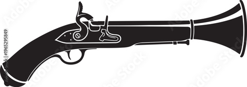 Vintage flintlock pistol, antique firearm, black and white illustration, historical weapon, vector graphic