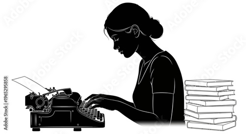 Woman typing on old typewriter machine.